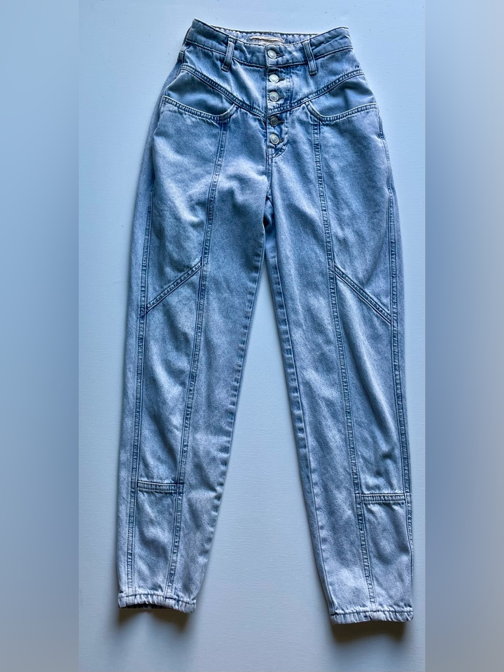 Free People High-Rise Seamed Tapered Denim Jeans Exposed Button Fly